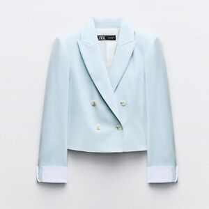 Zara Light Blue Women's Cropped Blazer with White Cuffs